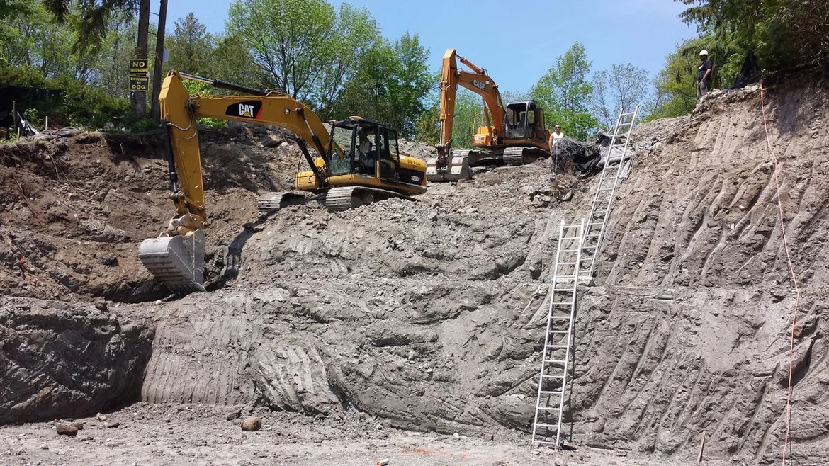 Two excavators on a hill